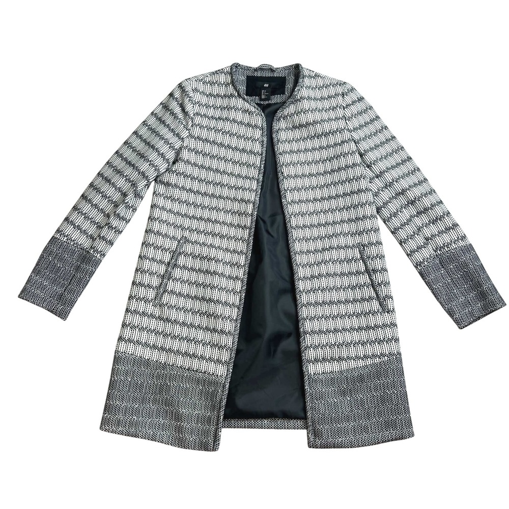 HM Womens Textured Open Front Collarless Coat Black White Size 4